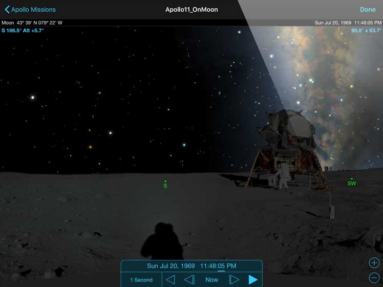 SkySafari 6 on Android with Apollo 11 Lunar Landing July 20, 1969